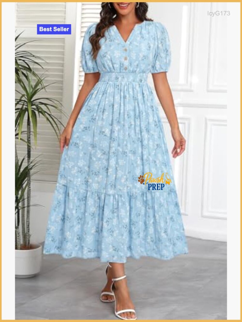 Cotton Midi Maxi Dress with Pockets, Puff Sleeves, V-Neck, Elastic Waist - Picture 5 of 7